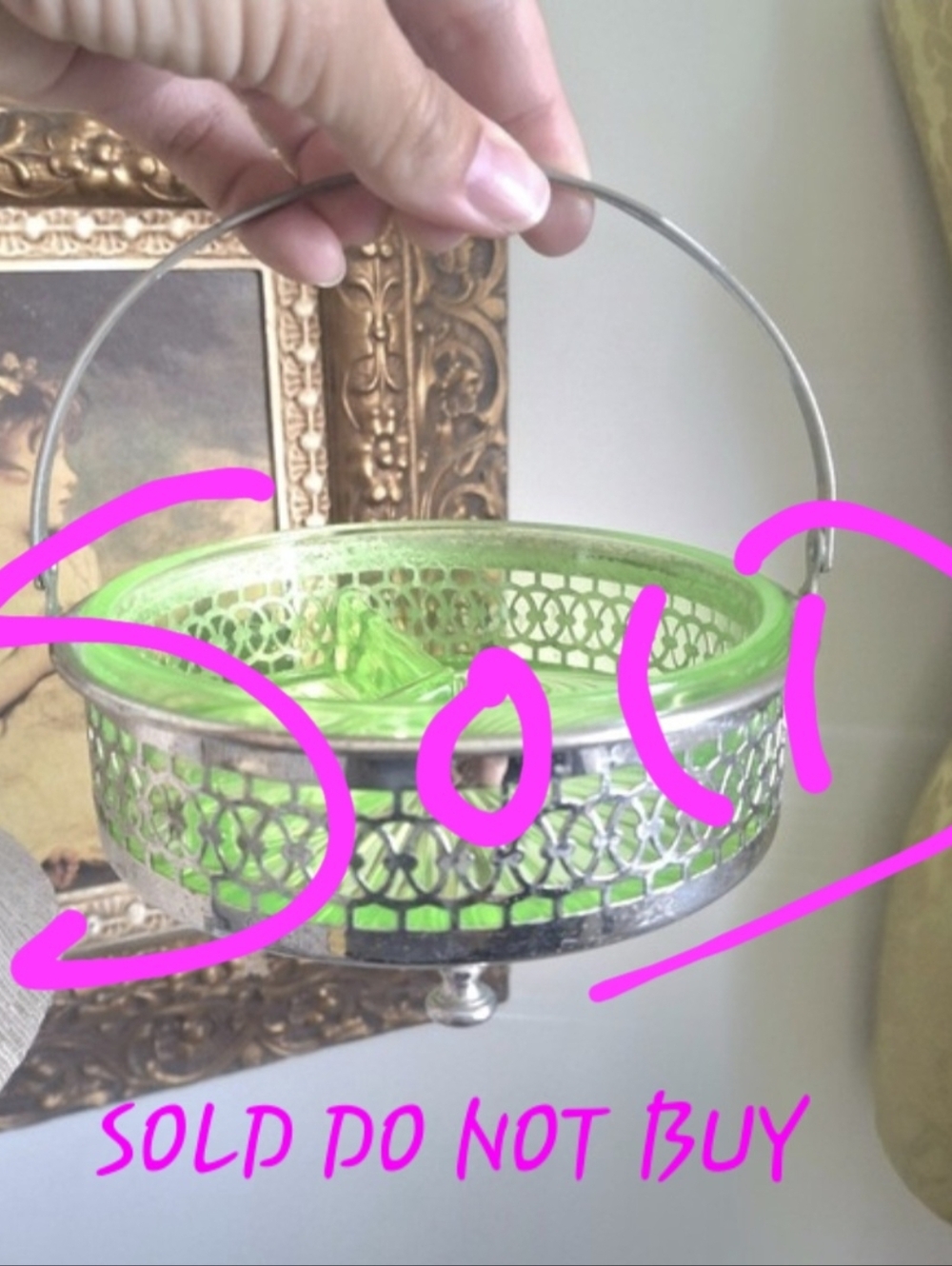 Green Depression Glass Divided Candy Relish Dish with Silver Metal Basket